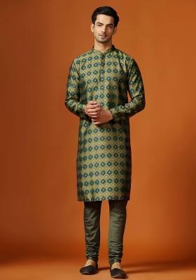 Green Digital Print Blended Kurta Set For Men