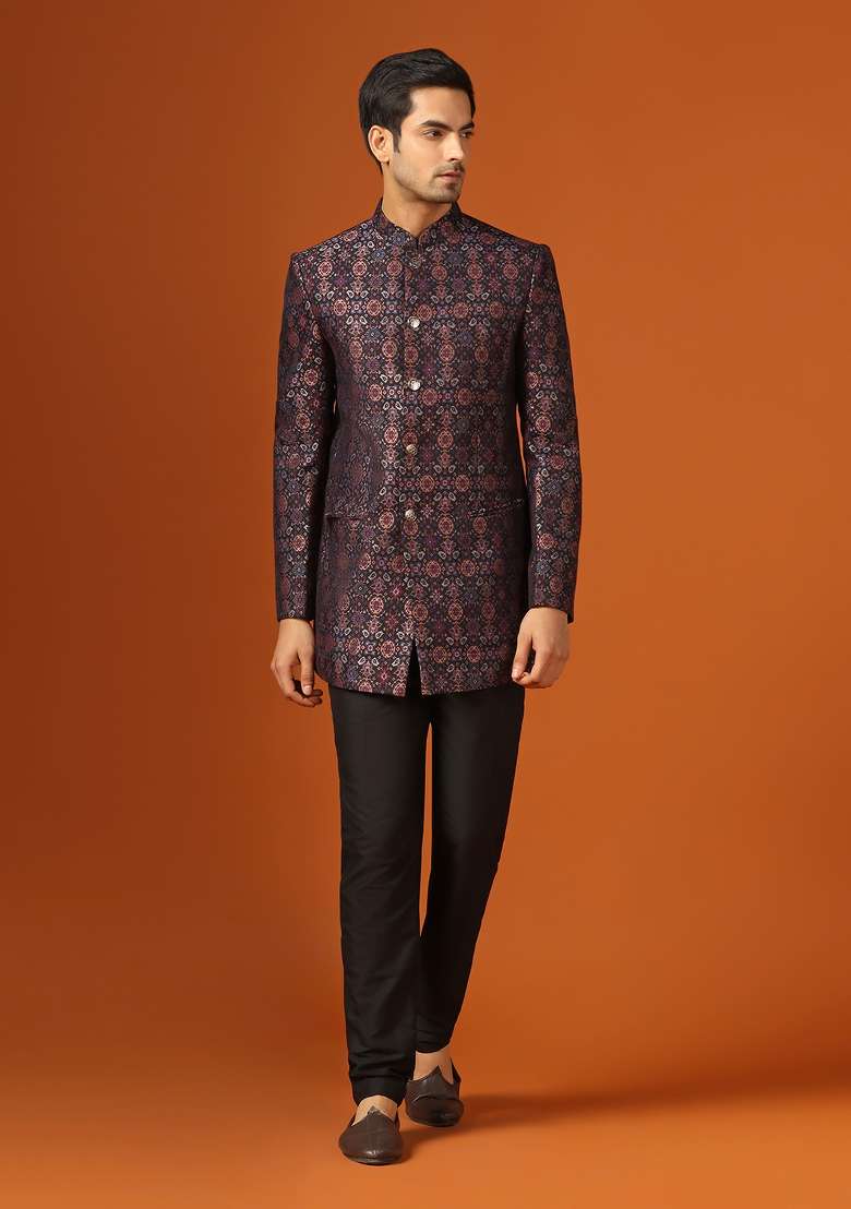 Black Woven Design Jacquard Bandhgala Set For Men - Indya