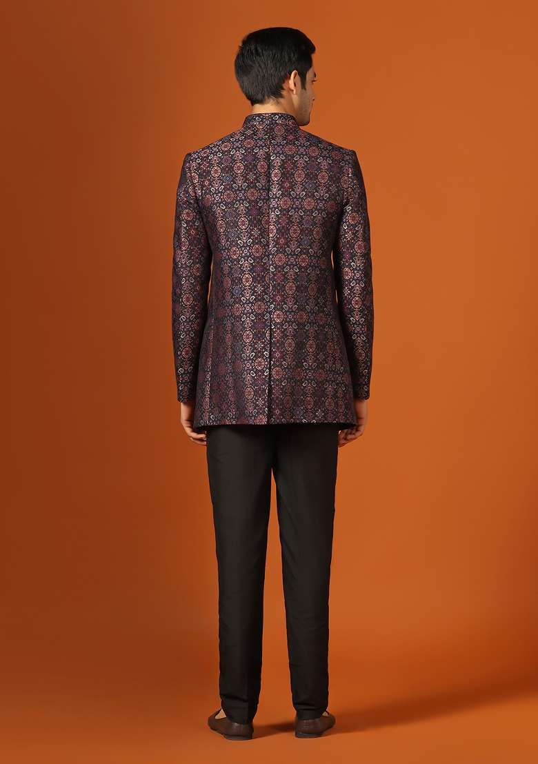 Black Woven Design Jacquard Bandhgala Set For Men - Indya