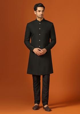 Black Woven Design Jacquard Indo Sherwani Set For Men