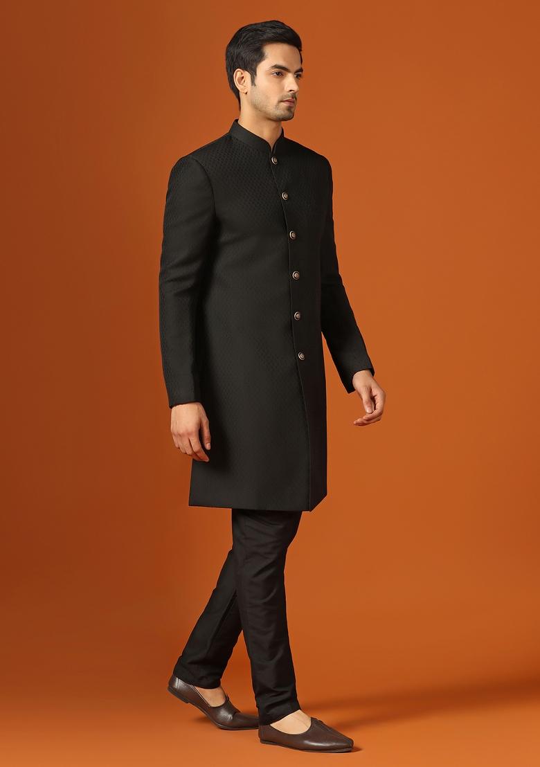 Black Woven Design Jacquard Indo Sherwani Set For Men