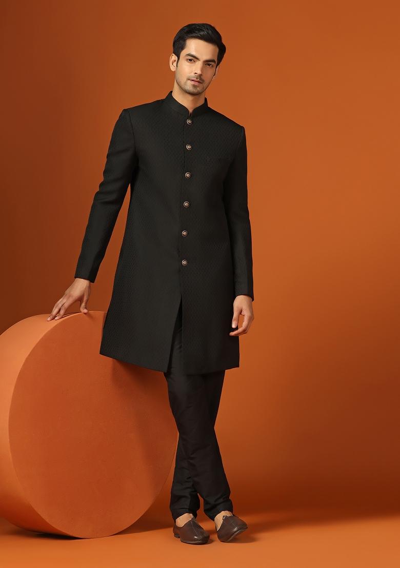 Black Woven Design Jacquard Indo Sherwani Set For Men