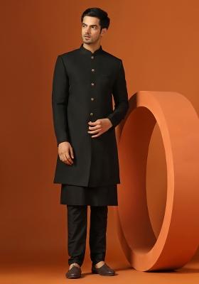 Black Woven Design Jacquard Indo Sherwani Set For Men