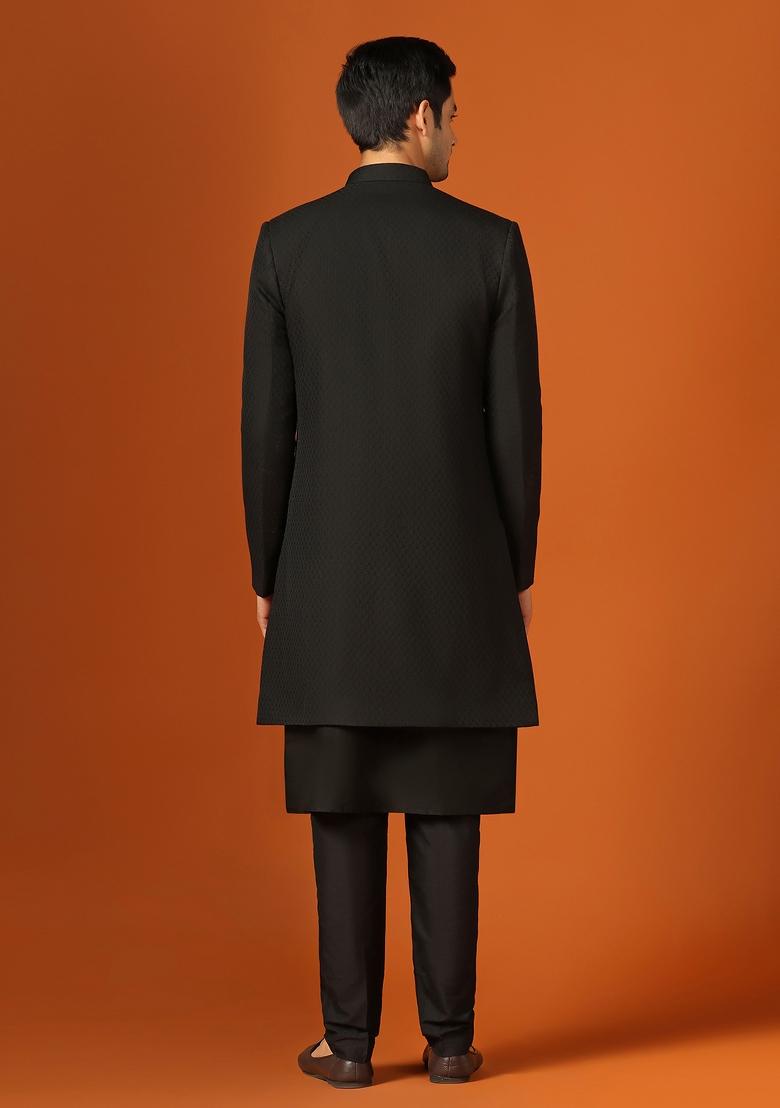 Black Woven Design Jacquard Indo Sherwani Set For Men