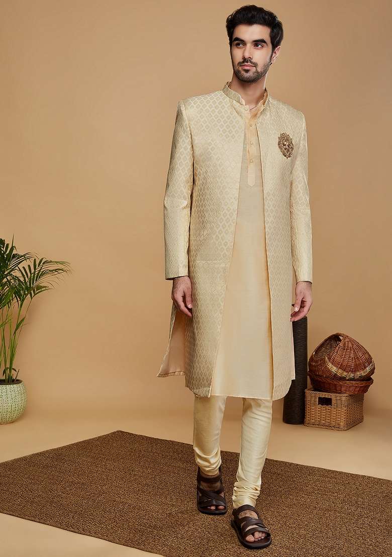 Cream Self Design Silk Blend Indo Sherwani Set For Men - Indya
