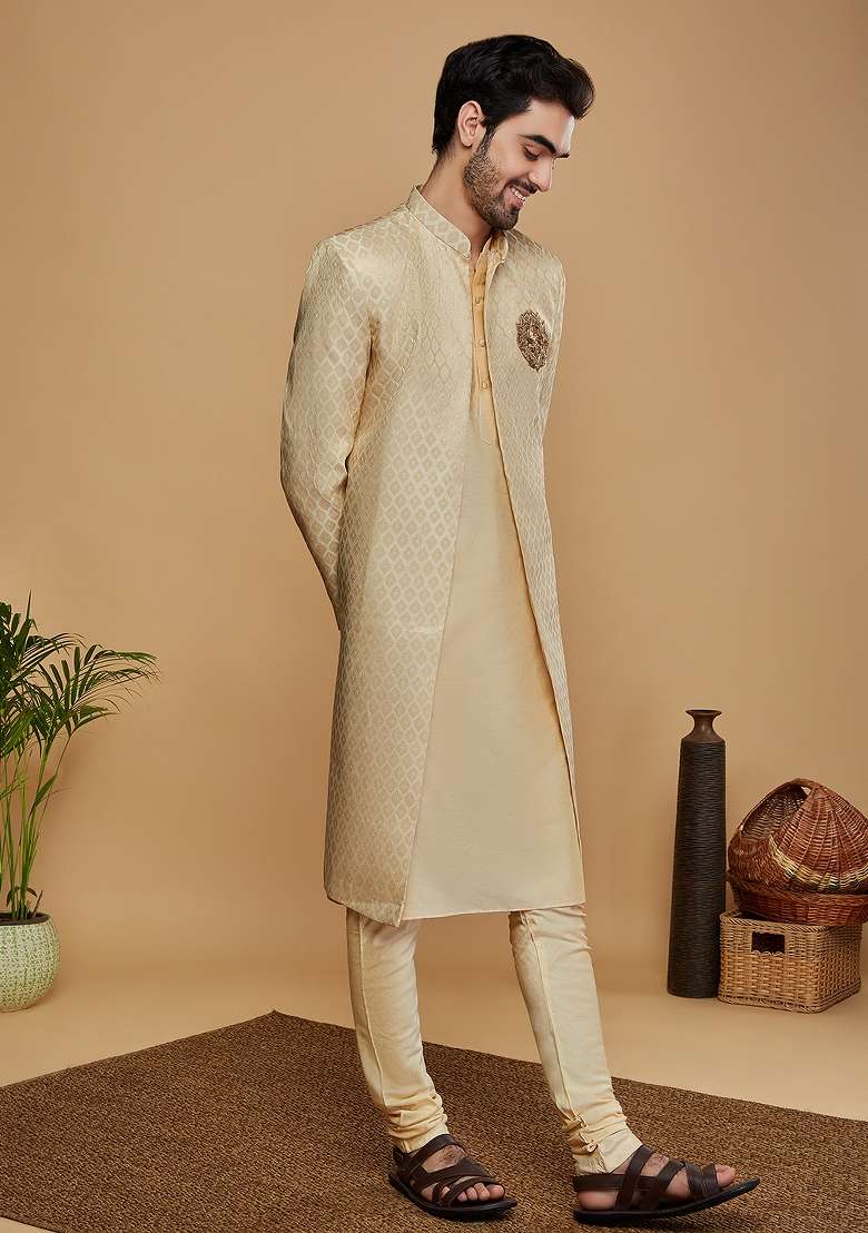 Cream Self Design Silk Blend Indo Sherwani Set For Men - Indya
