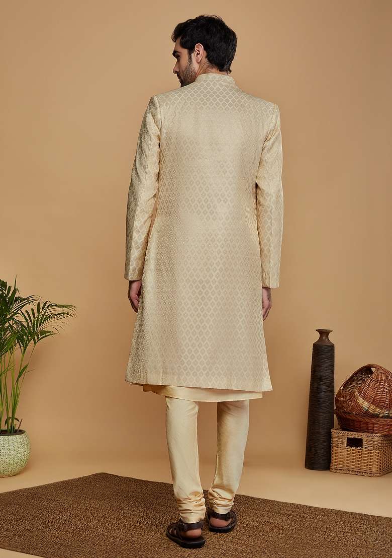 Cream Self Design Silk Blend Indo Sherwani Set For Men - Indya