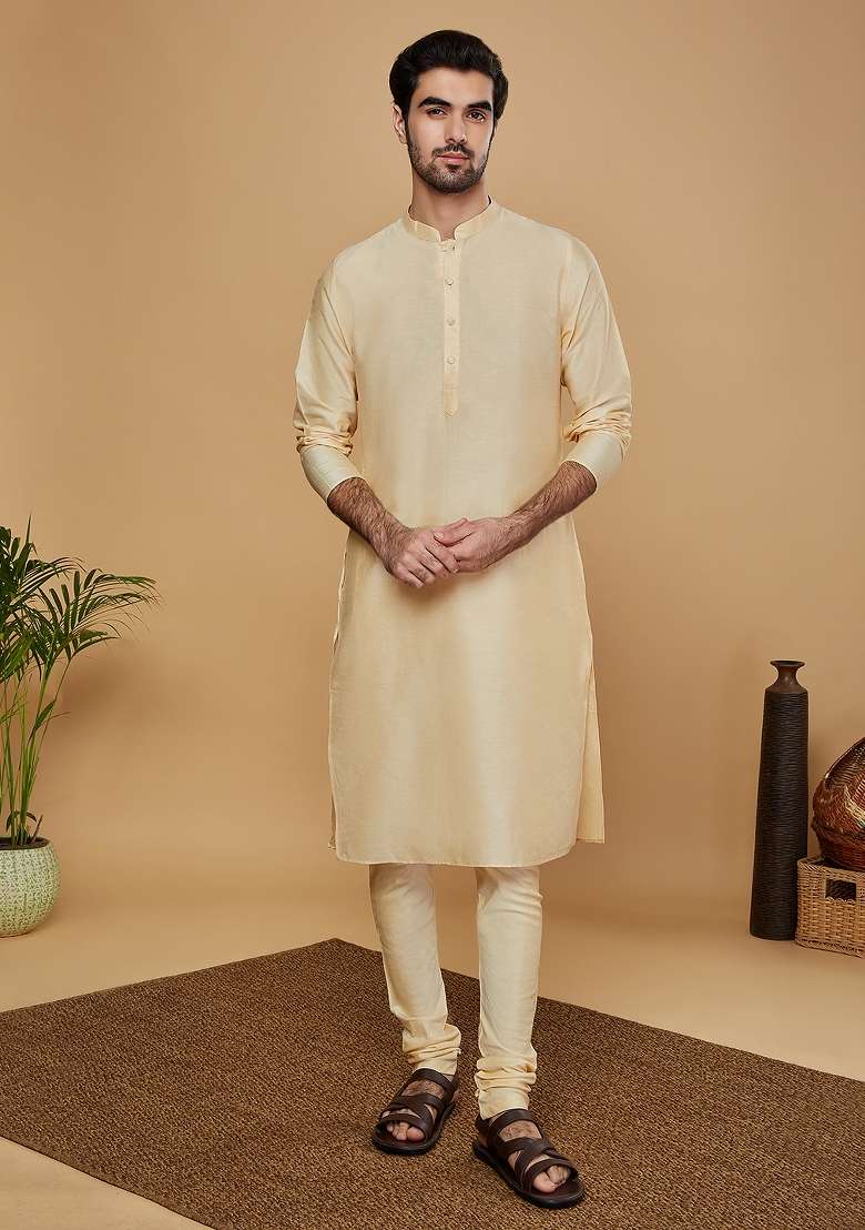 Cream Self Design Silk Blend Indo Sherwani Set For Men - Indya