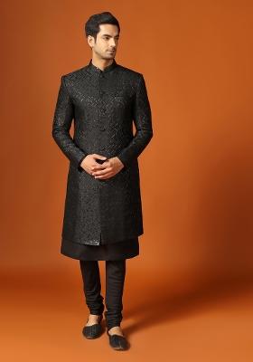 Black Woven Design Jacquard Indo Sherwani Set For Men