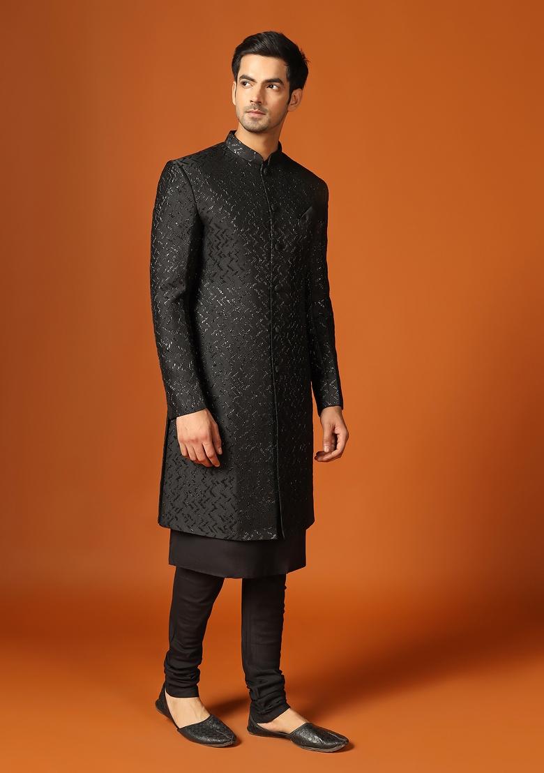 Black Woven Design Jacquard Indo Sherwani Set For Men