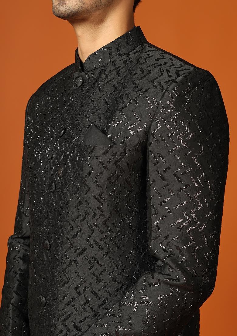Black Woven Design Jacquard Indo Sherwani Set For Men
