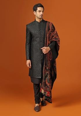 Black Woven Design Jacquard Indo Sherwani Set For Men