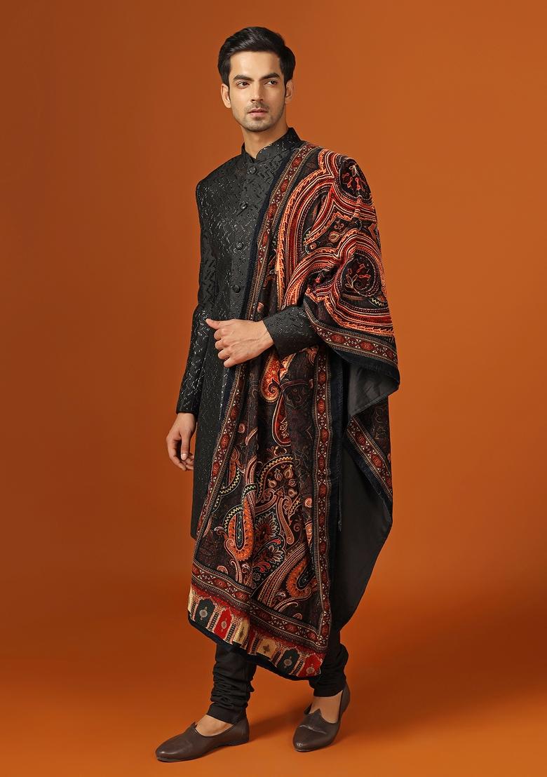 Black Woven Design Jacquard Indo Sherwani Set For Men