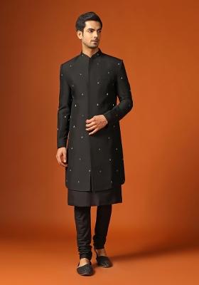 Black Embroidererd Cotton Blend Indo Sherwani Set For Men