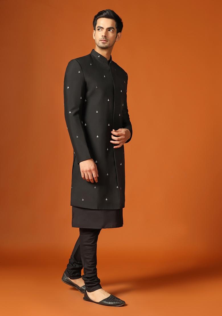 Black Embroidererd Cotton Blend Indo Sherwani Set For Men