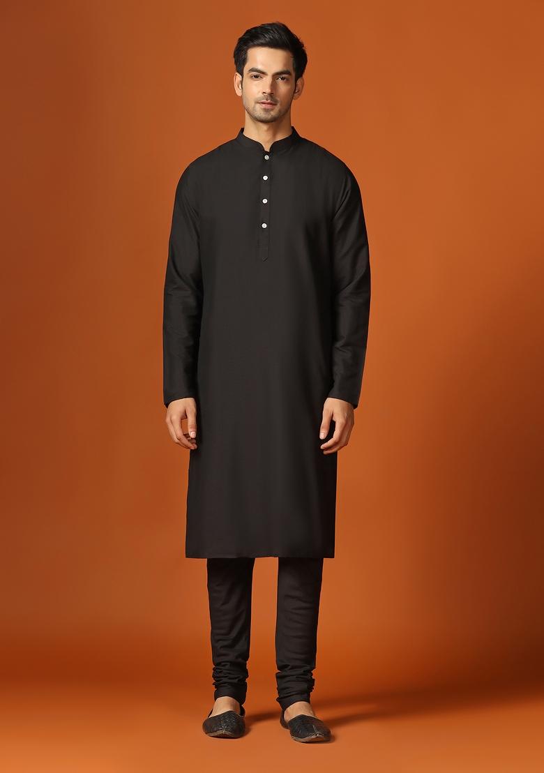 Black Embroidererd Cotton Blend Indo Sherwani Set For Men