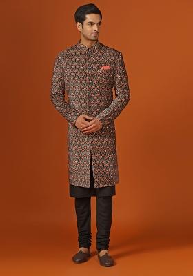 Black Woven Design Velvet Indo Sherwani Set For Men