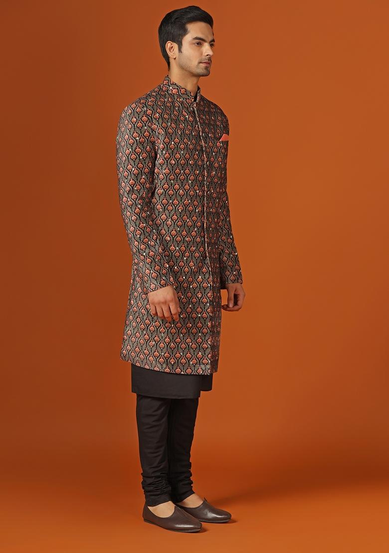 Black Woven Design Velvet Indo Sherwani Set For Men