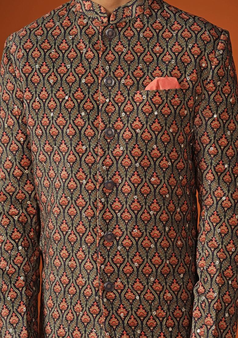 Black Woven Design Velvet Indo Sherwani Set For Men