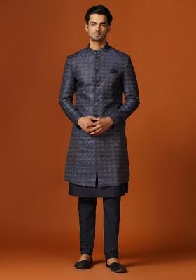 Navy Blue Woven Design Jacquard Indo Sherwani Set For Men