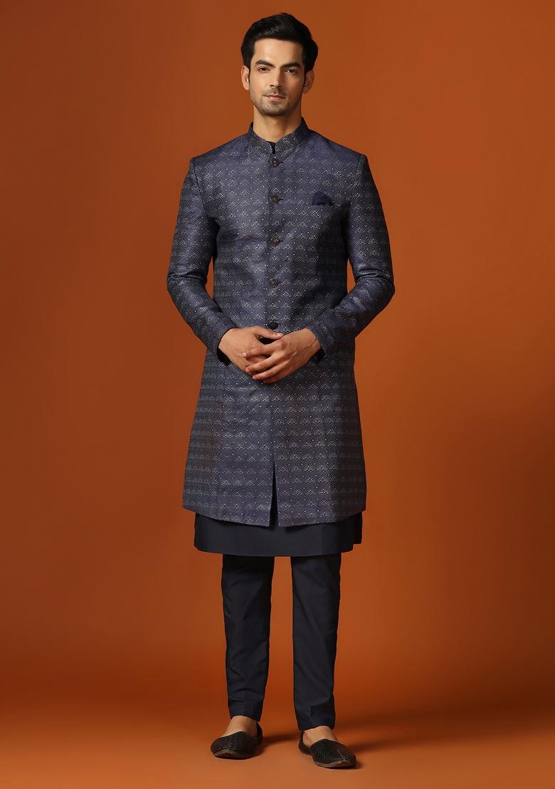 Navy Blue Woven Design Jacquard Indo Sherwani Set For Men