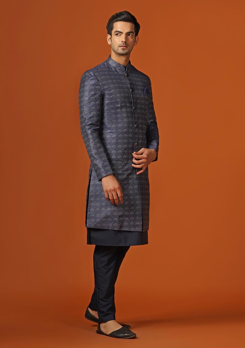 Navy Blue Woven Design Jacquard Indo Sherwani Set For Men
