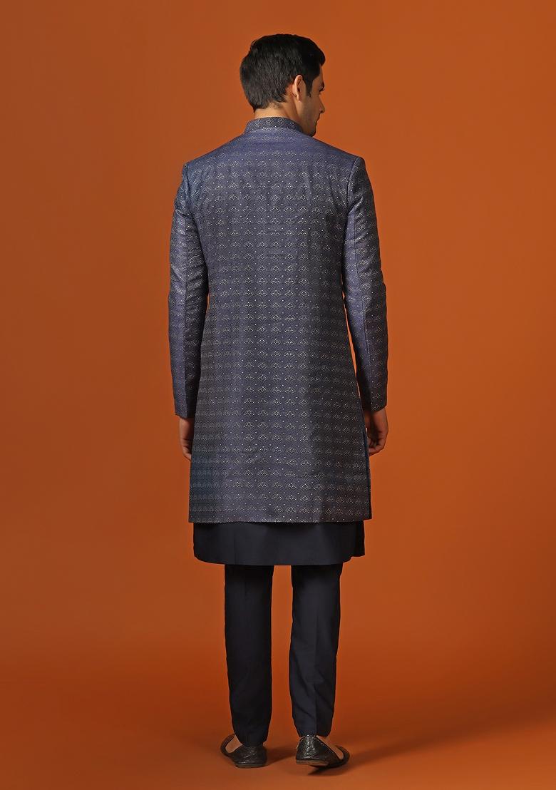 Navy Blue Woven Design Jacquard Indo Sherwani Set For Men