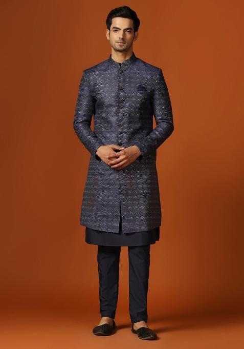 Navy Blue Woven Design Jacquard Indo Sherwani Set For Men