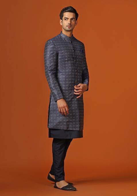 Navy Blue Woven Design Jacquard Indo Sherwani Set For Men