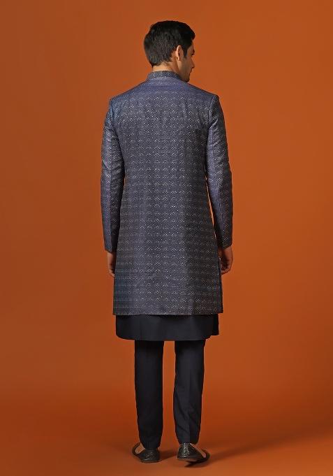 Navy Blue Woven Design Jacquard Indo Sherwani Set For Men