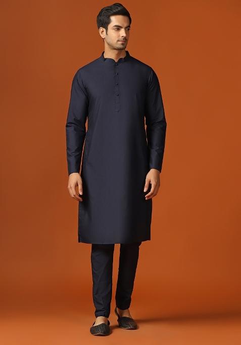 Navy Blue Woven Design Jacquard Indo Sherwani Set For Men
