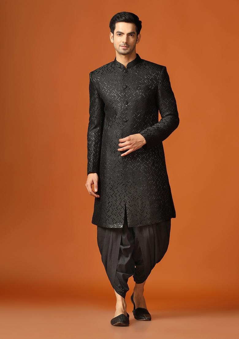 Black Woven Design Jacquard Indo Sherwani Set For Men