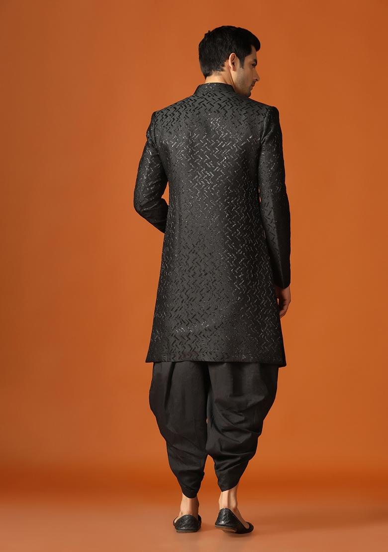 Black Woven Design Jacquard Indo Sherwani Set For Men