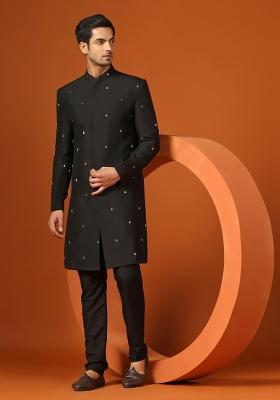 Black Embroidererd Cotton Blend Indo Sherwani Set For Men
