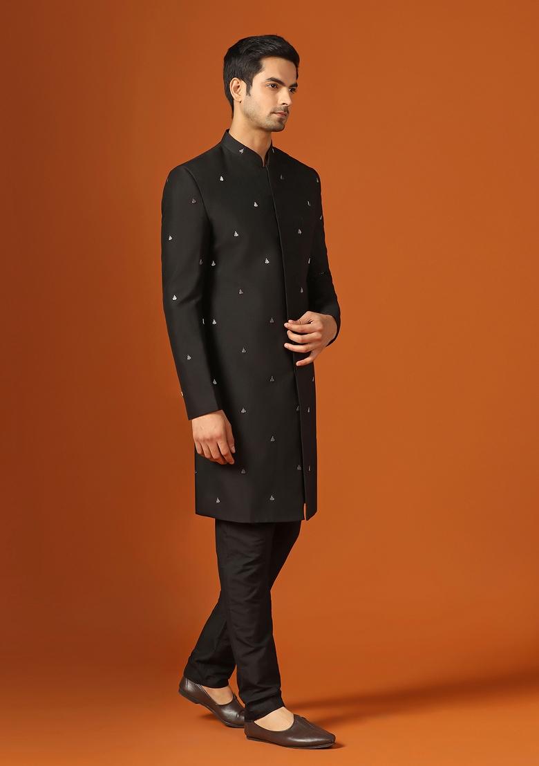 Black Embroidererd Cotton Blend Indo Sherwani Set For Men