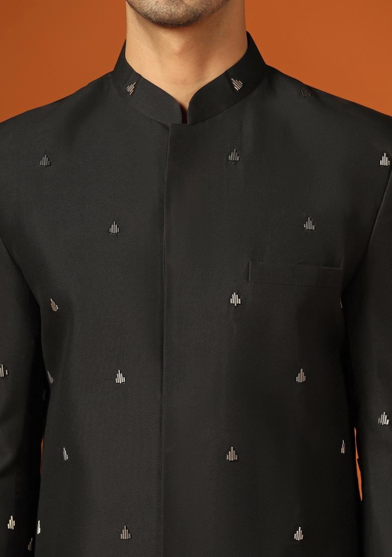 Black Embroidererd Cotton Blend Indo Sherwani Set For Men