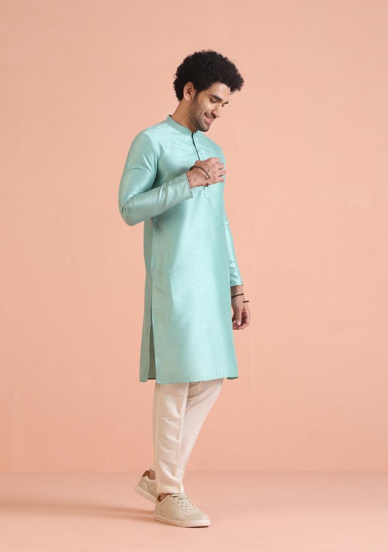 Green Solid Cotton Blend Kurta For Men