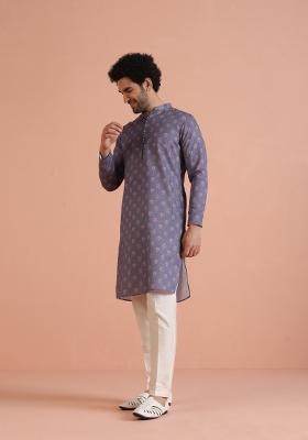 Grey Digital Print Cotton Blend Kurta For Men