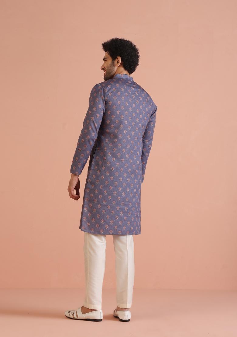 Grey Digital Print Cotton Blend Kurta For Men