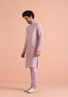 Pink Embellished Cotton Blend Kurta For Men