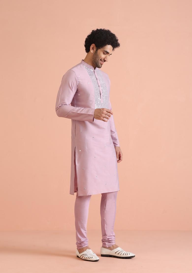 Pink Embellished Cotton Blend Kurta For Men
