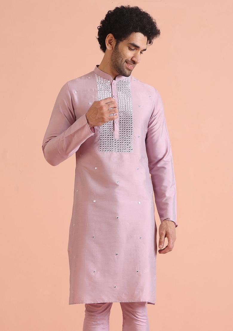 Pink Embellished Cotton Blend Kurta For Men