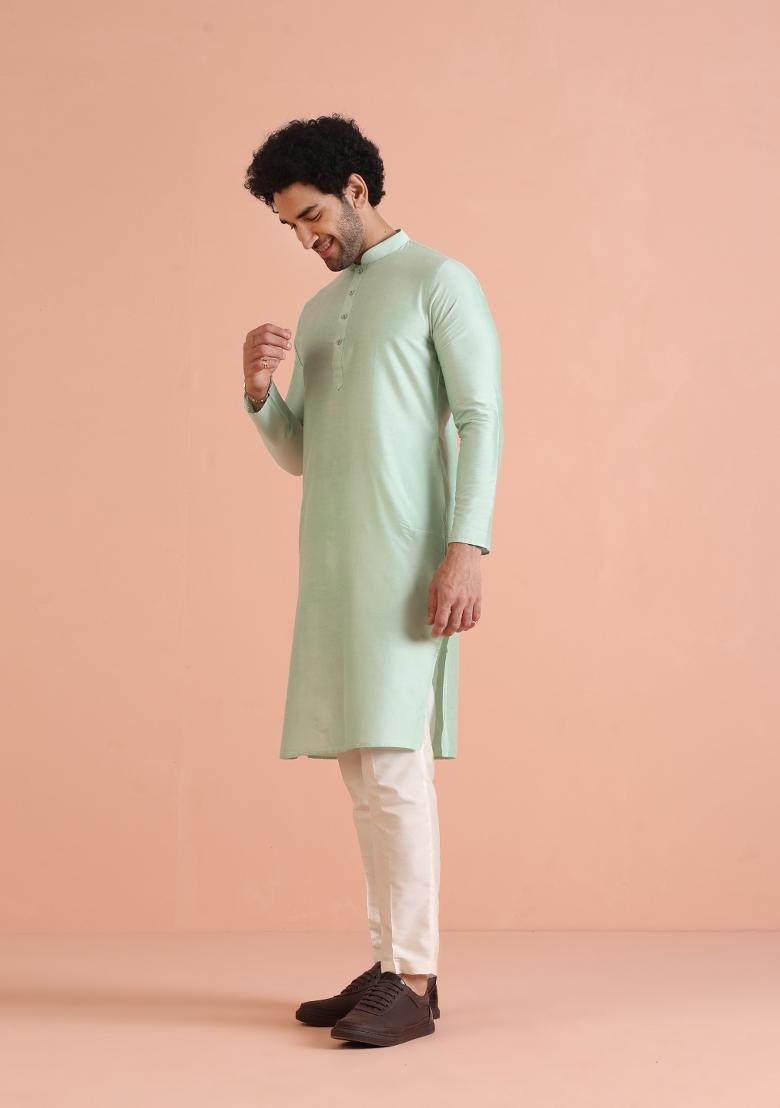 Green Solid Cotton Blend Kurta For Men
