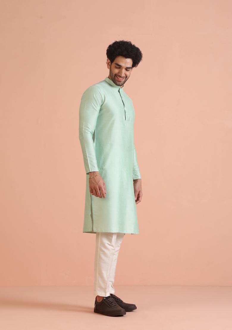 Green Solid Cotton Blend Kurta For Men