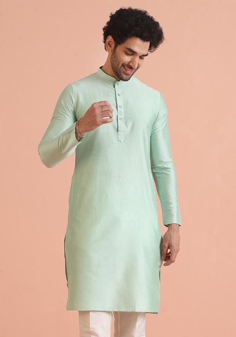 Green Solid Cotton Blend Kurta For Men