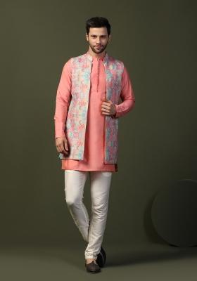 Multi Digital Print Cotton Blend Nehru Jacket Set For Men