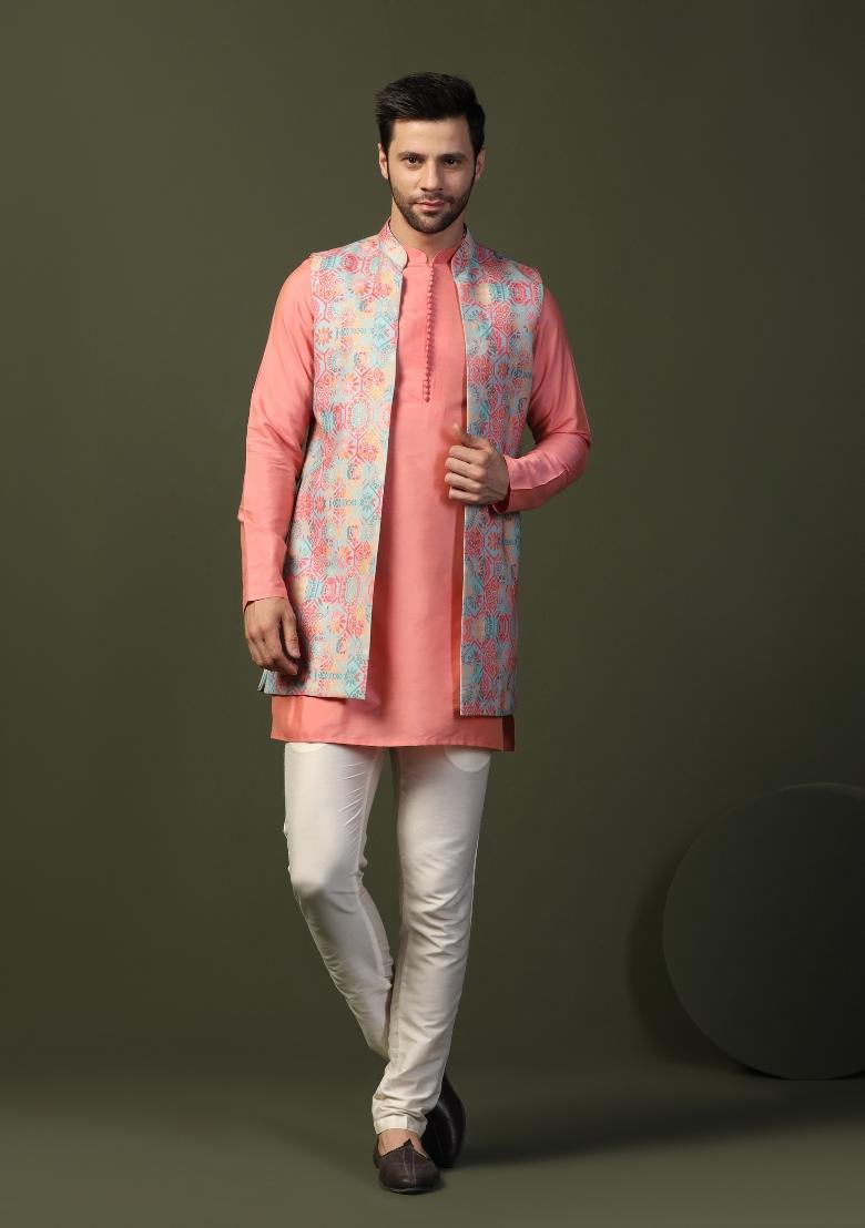 Multi Digital Print Cotton Blend Nehru Jacket Set For Men