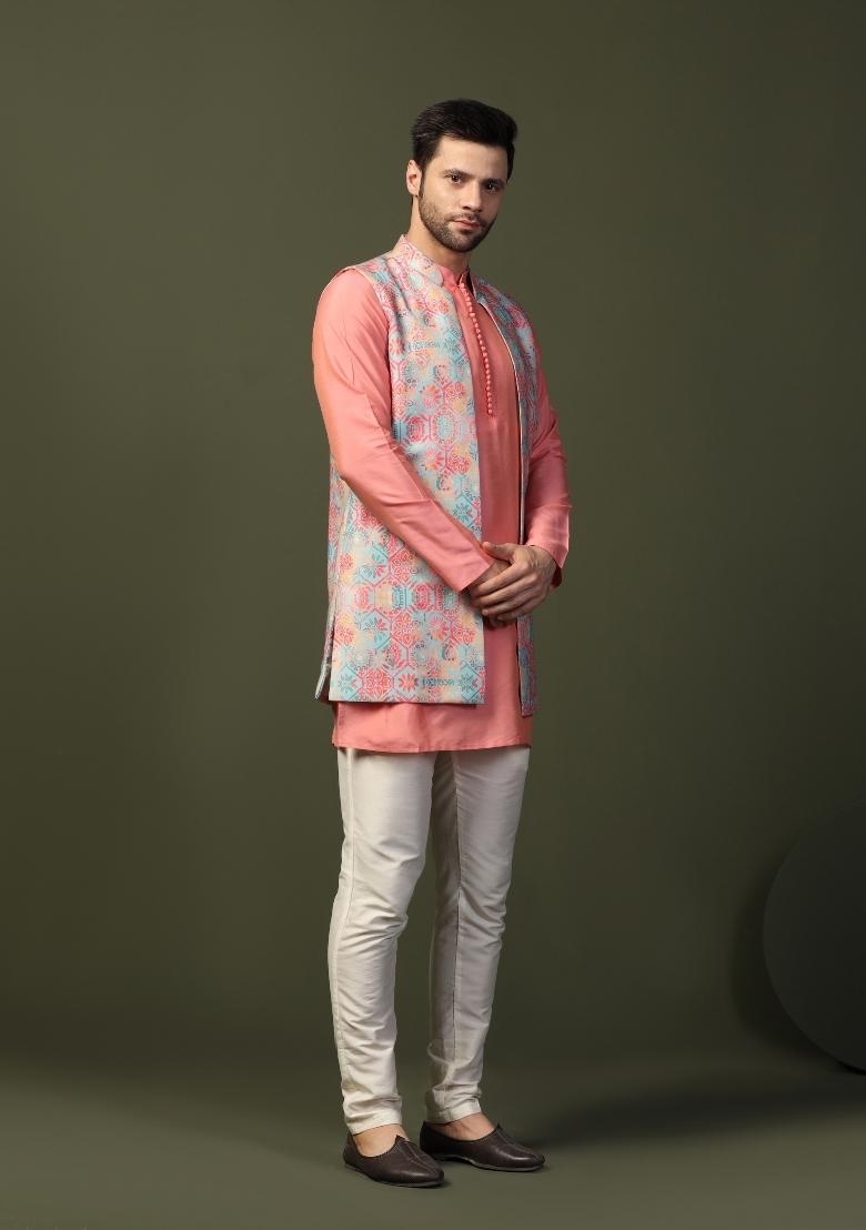 Multi Digital Print Cotton Blend Nehru Jacket Set For Men
