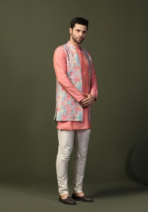 Multi Digital Print Cotton Blend Nehru Jacket Set For Men