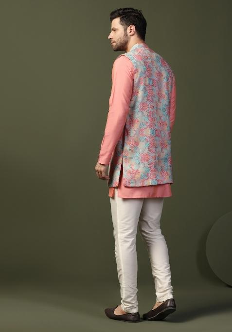 Multi Digital Print Cotton Blend Nehru Jacket Set For Men